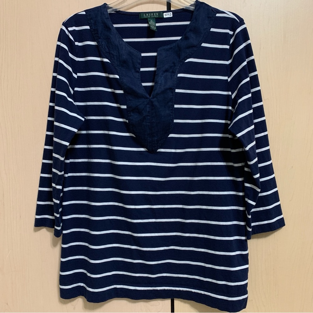 Lauren Ralph Lauren Top Women's 3/4 Sleeve Blouse Cotton Stripe Navy White‎ XL